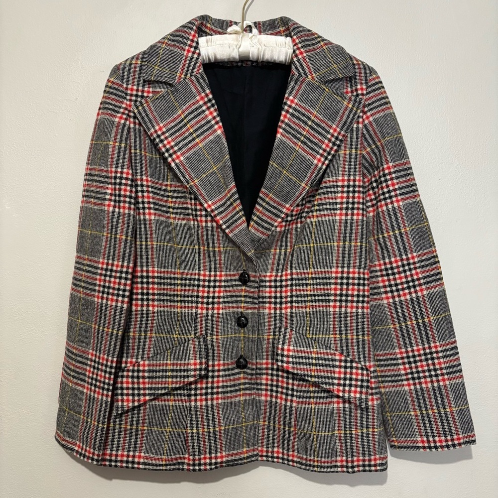 70s Vintage Wool Blazer Suit Jacket Size XS Handmade Checkered Plaid Red Black - Picture 9 of 11